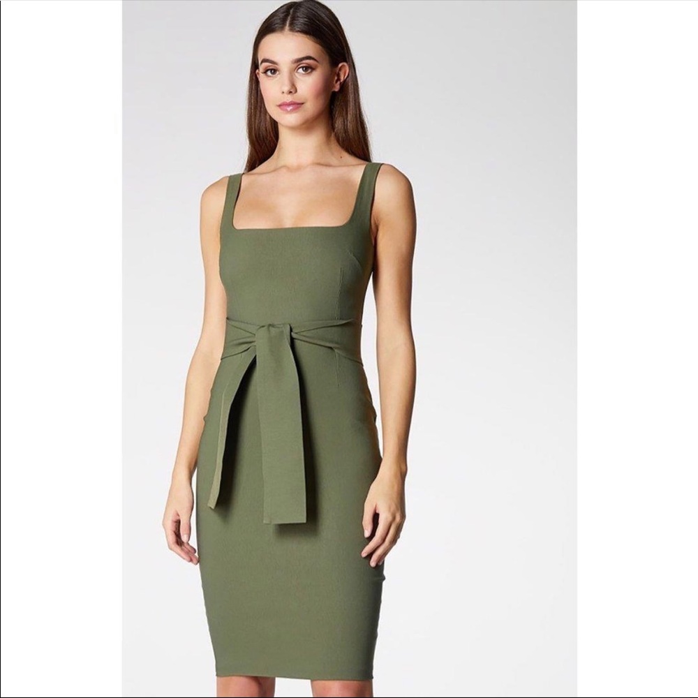 Vesper khaki belted square midi dress